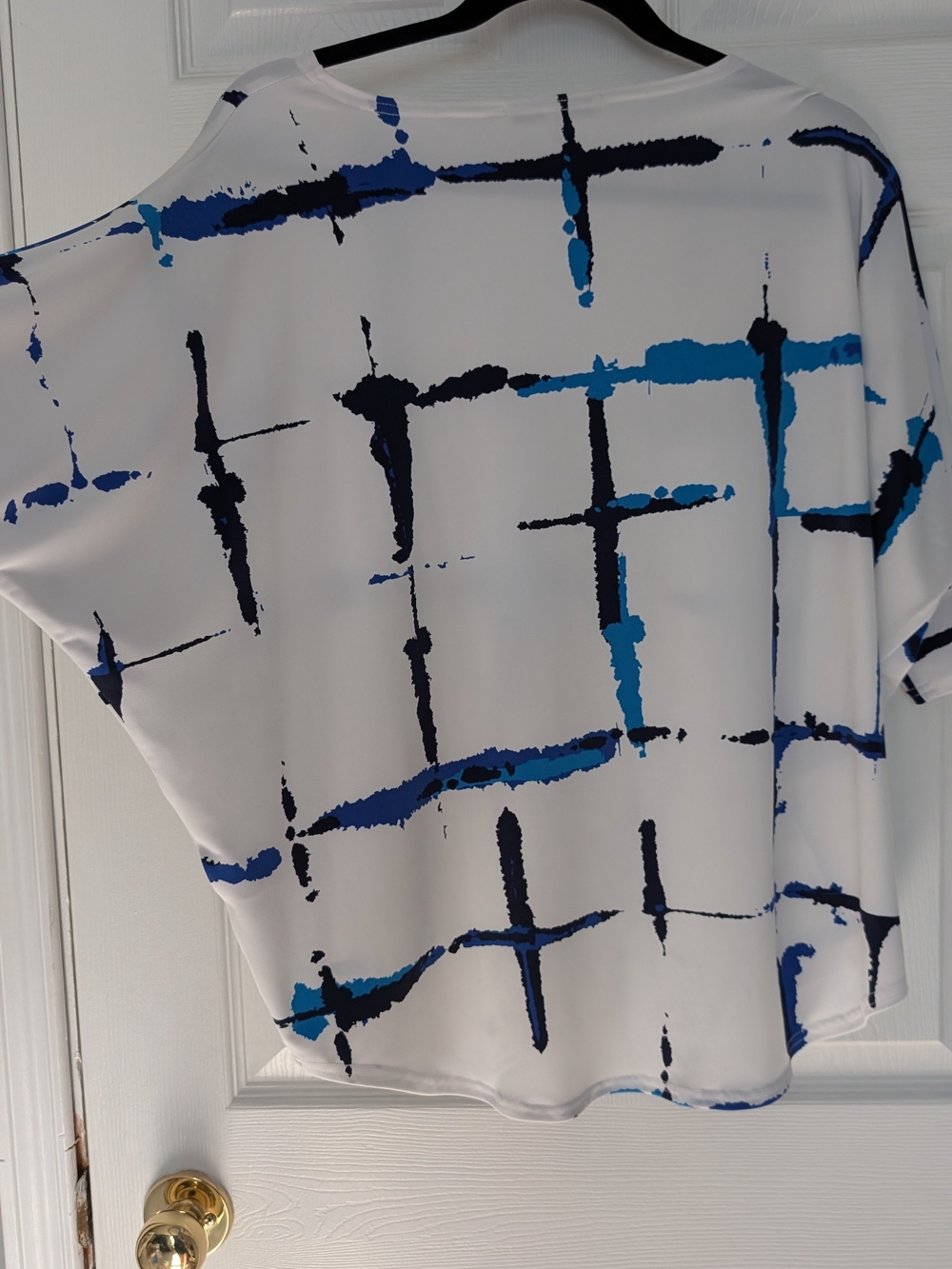 Sympli White Short-Sleeve Shirt Bat winged Sleeve Blue and Navy Grid Brushprint